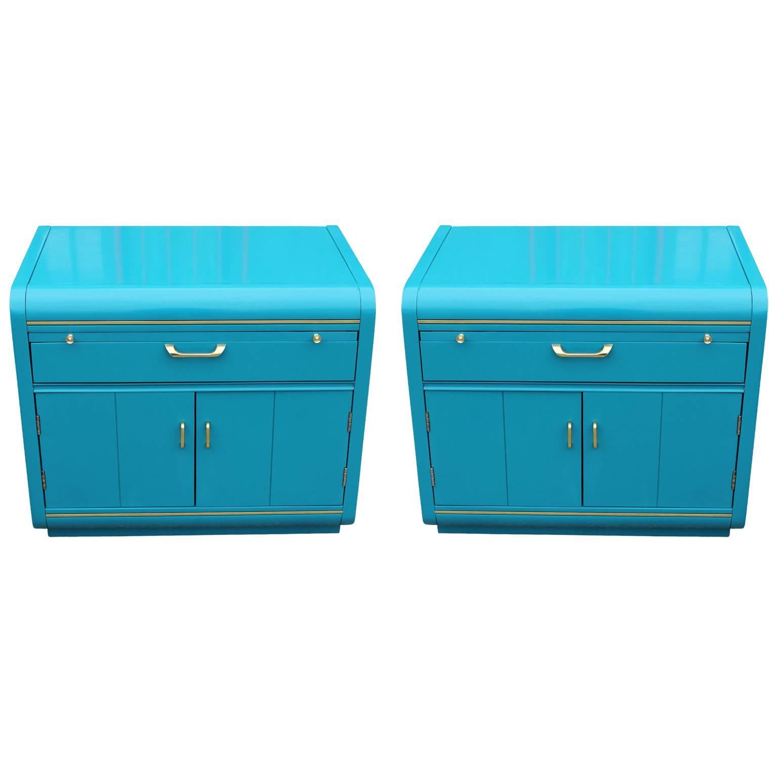 Pair of Modern Turquoise Lacquer and Brass Hardware Night Stands