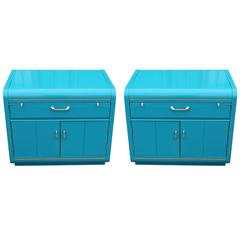 Pair of Modern Turquoise Lacquer and Brass Hardware Night Stands