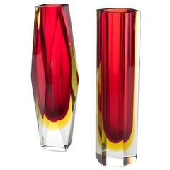 Pair of Faceted Sommerso, Mid-Century Modern, Murano Vases