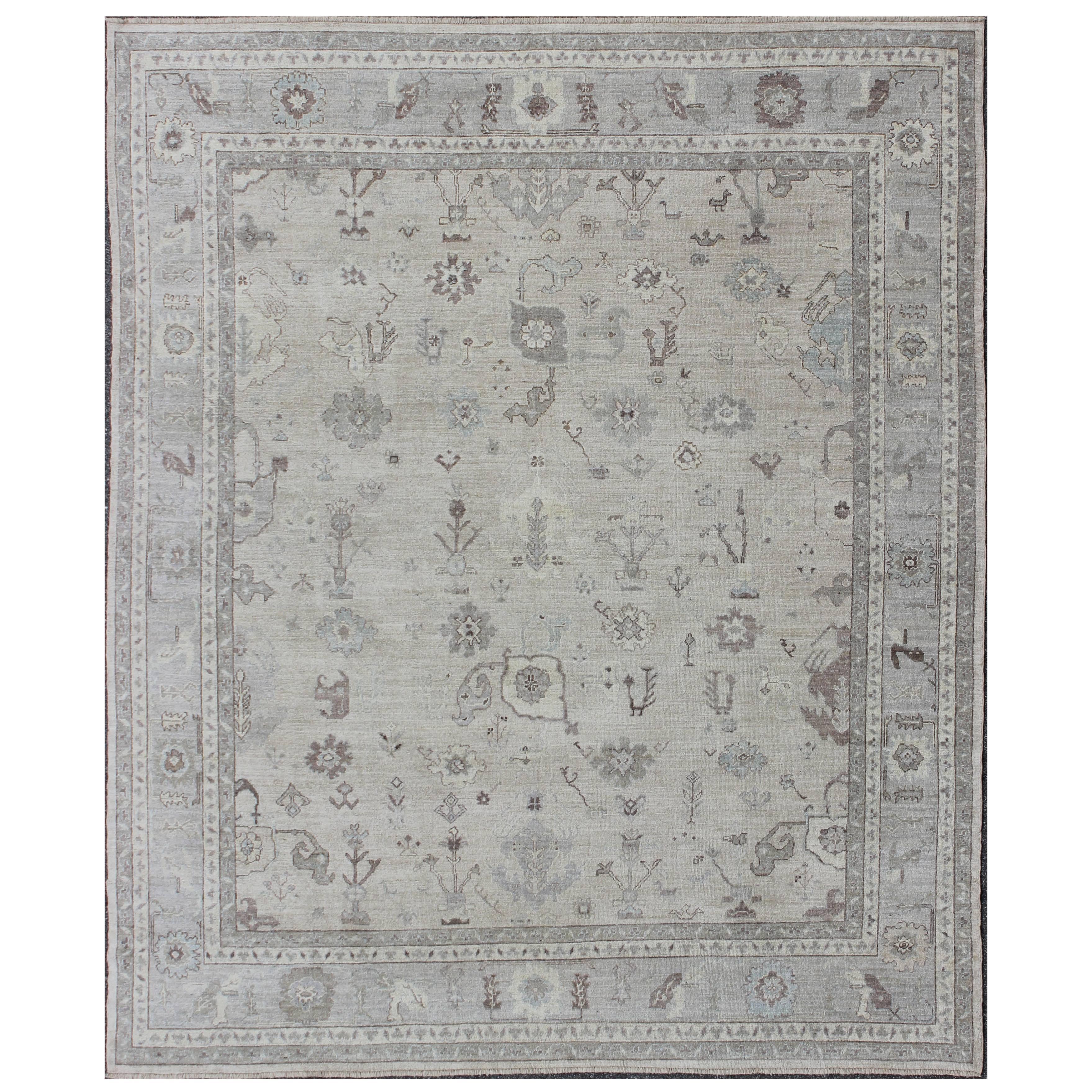 Large Turkish Oushak Rug with Floral Bouquet Motifs in Gray, Taupe & Lavender For Sale