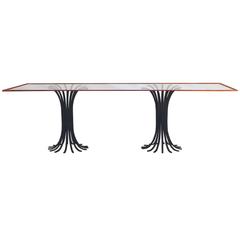 Double Iron Pedestal Glass Top Dining Table Hollywood Regency