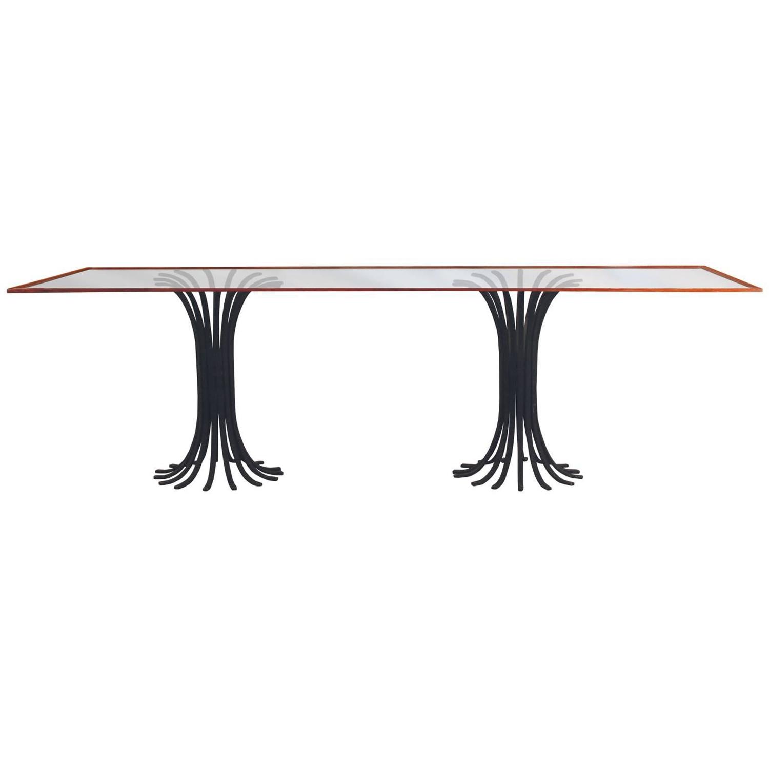 Double Iron Pedestal Glass Top Dining Table Hollywood Regency At