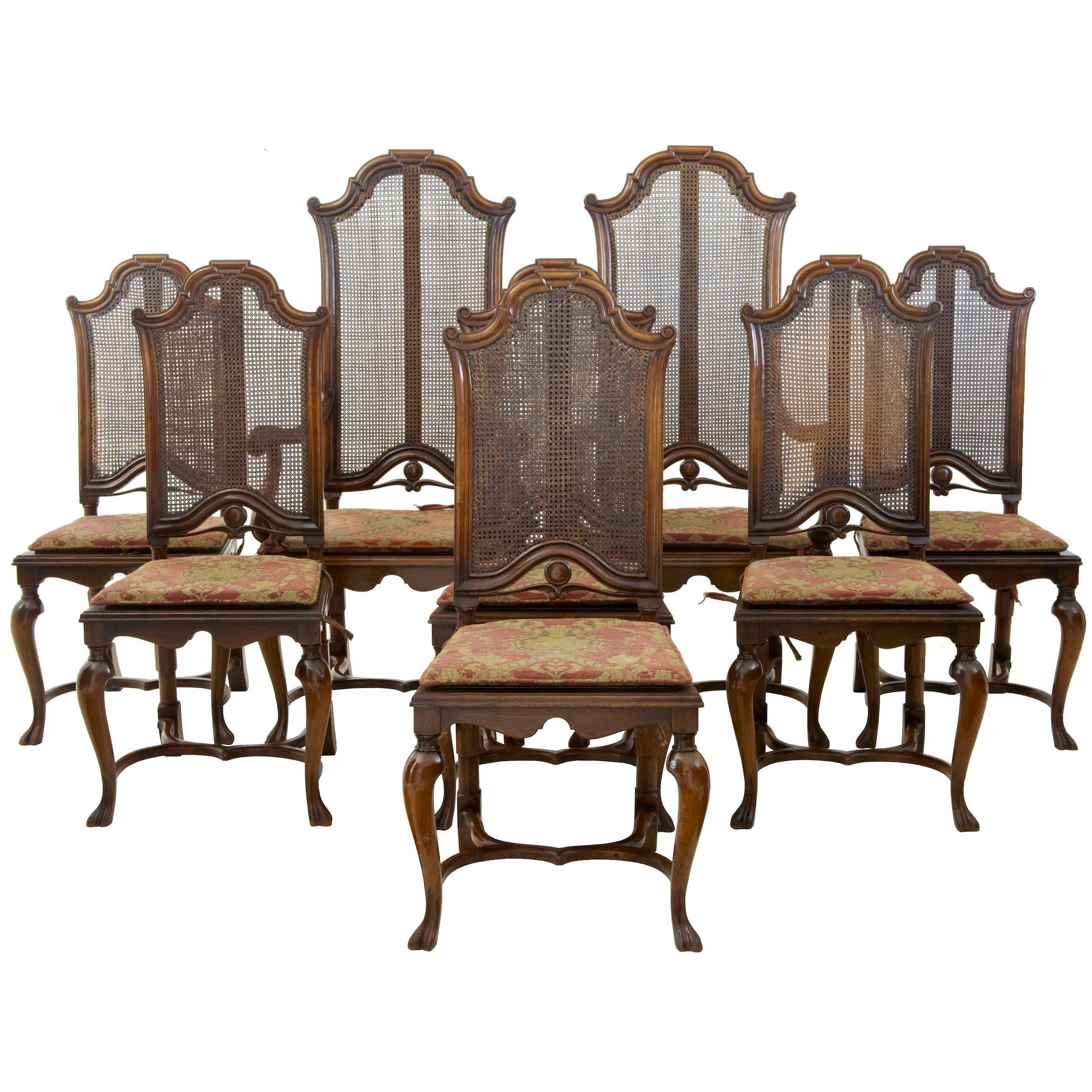 Set of Eight Late 19th Century Walnut William and Mary Design Dining Chairs