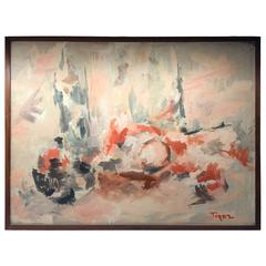 1970s Abstract Oil Painting in Coral Tones