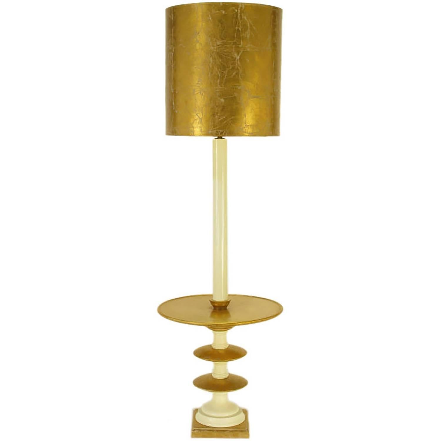 Gilt and Ivory Lacquered Segmented Discs Pedestal Floor Lamp For Sale