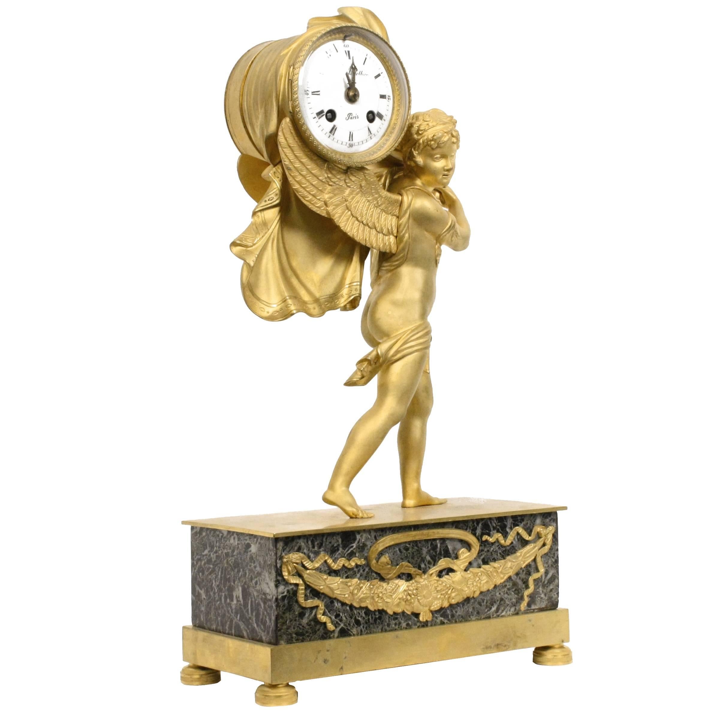 French Empire Figural Gilt Bronze Mantel Clock