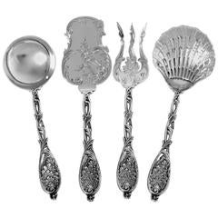 Henin Fabulous French All Sterling Silver Hors D'oeuvre Dessert Set 4 pc Rococo