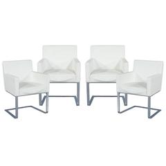 Set of Four Modern White Leather Cantilever Chairs