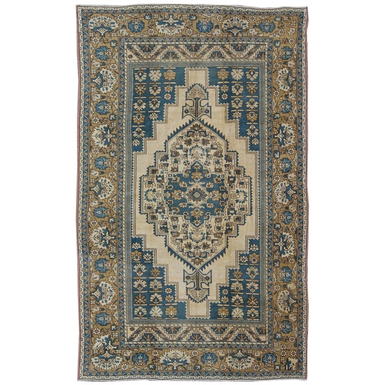 Vintage Turkish Rug with Geometric Design in Blue, Gold and Cream