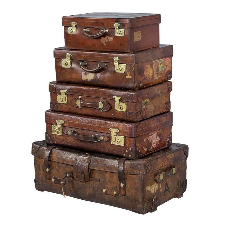 Set of Five Antique Leather Luggage Cabin Trunks
