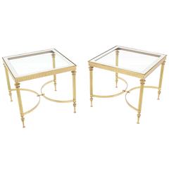 Pair of Brass Mirrored Frame Glass Top End Side Tables