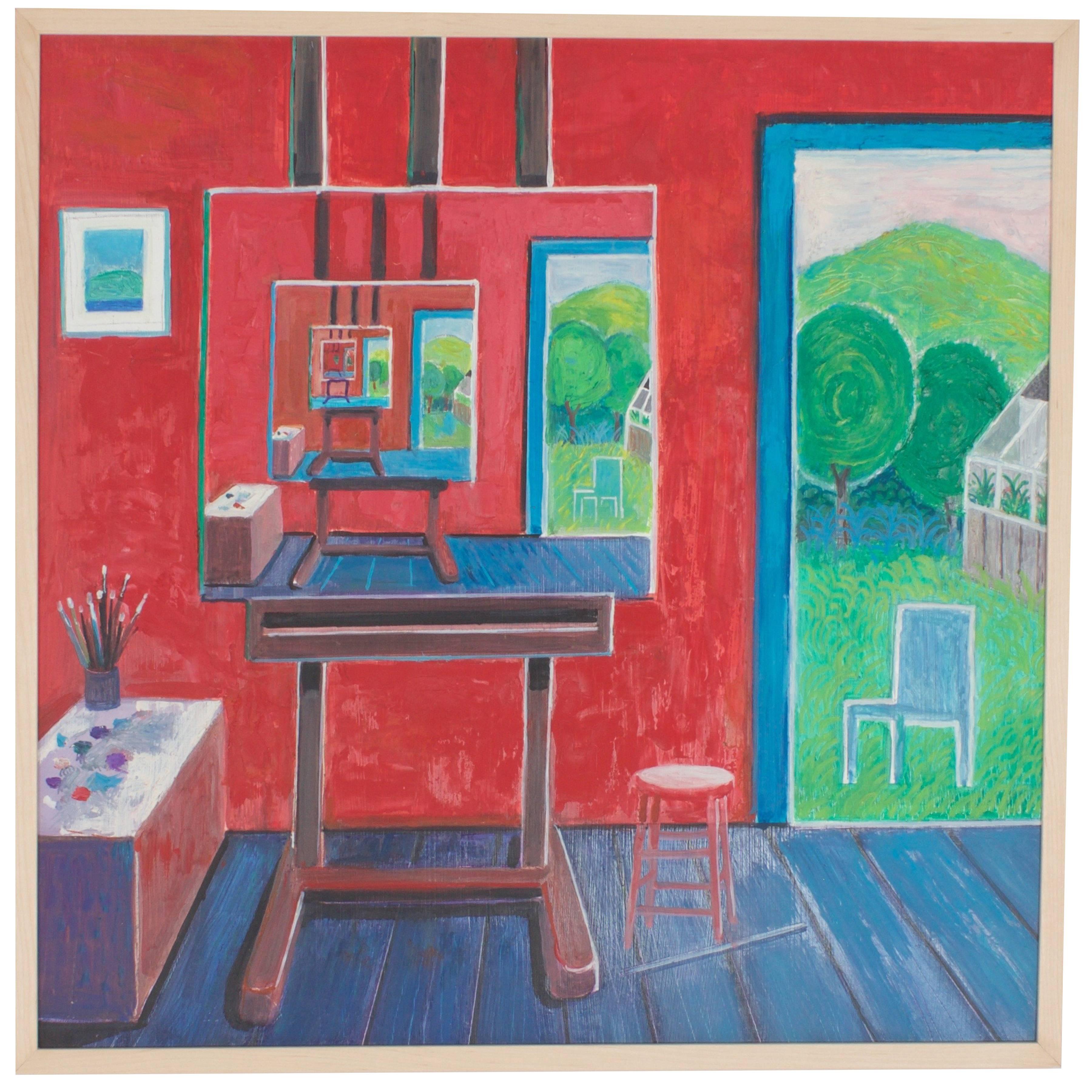 Mid-Century Oil Painting on Board Depicting an Artist's Studio