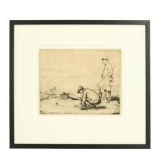 Antique Golfing Picture, Dry Point Etching by John R. Barclay