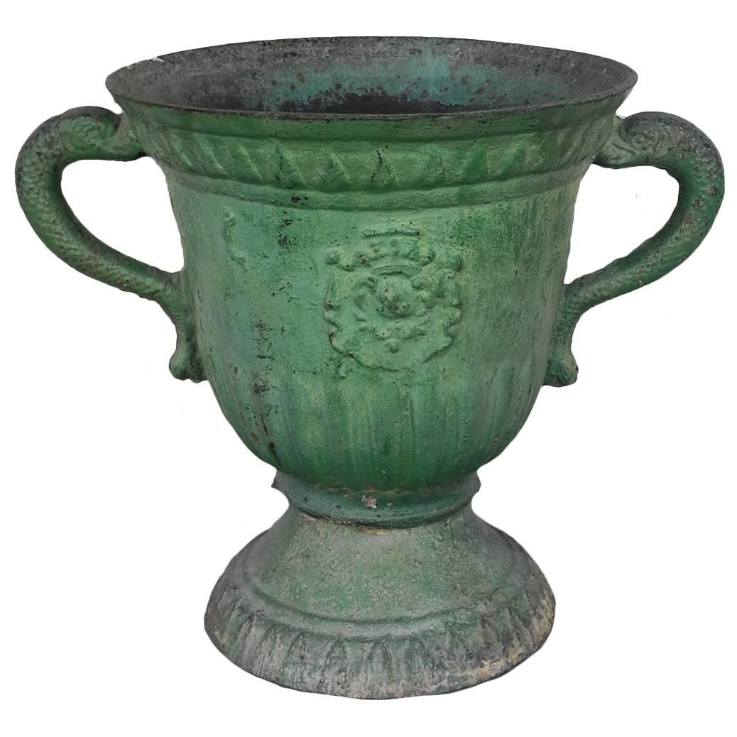 Antique Late 17th Century Green French Iron Planter with Crest  For Sale