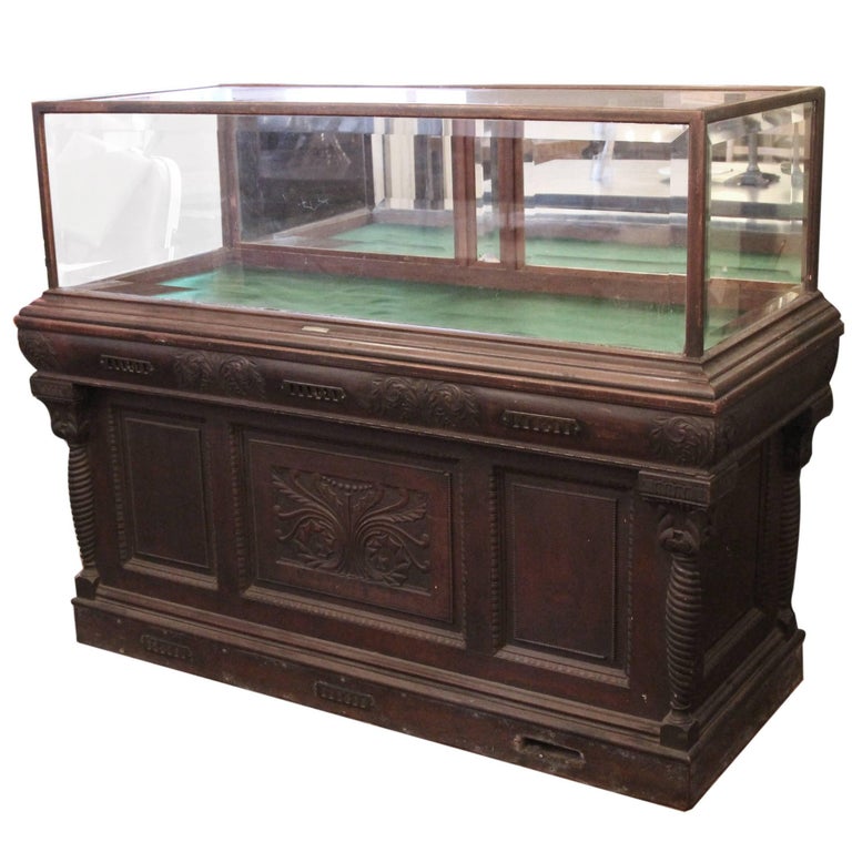 1800s Carved Oak Cigar Humidor and Mirrored Showcase by Whitcomb Cabinet Co.  For Sale