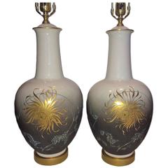Midcentury Table Lamps with Gilt Floral Decoration