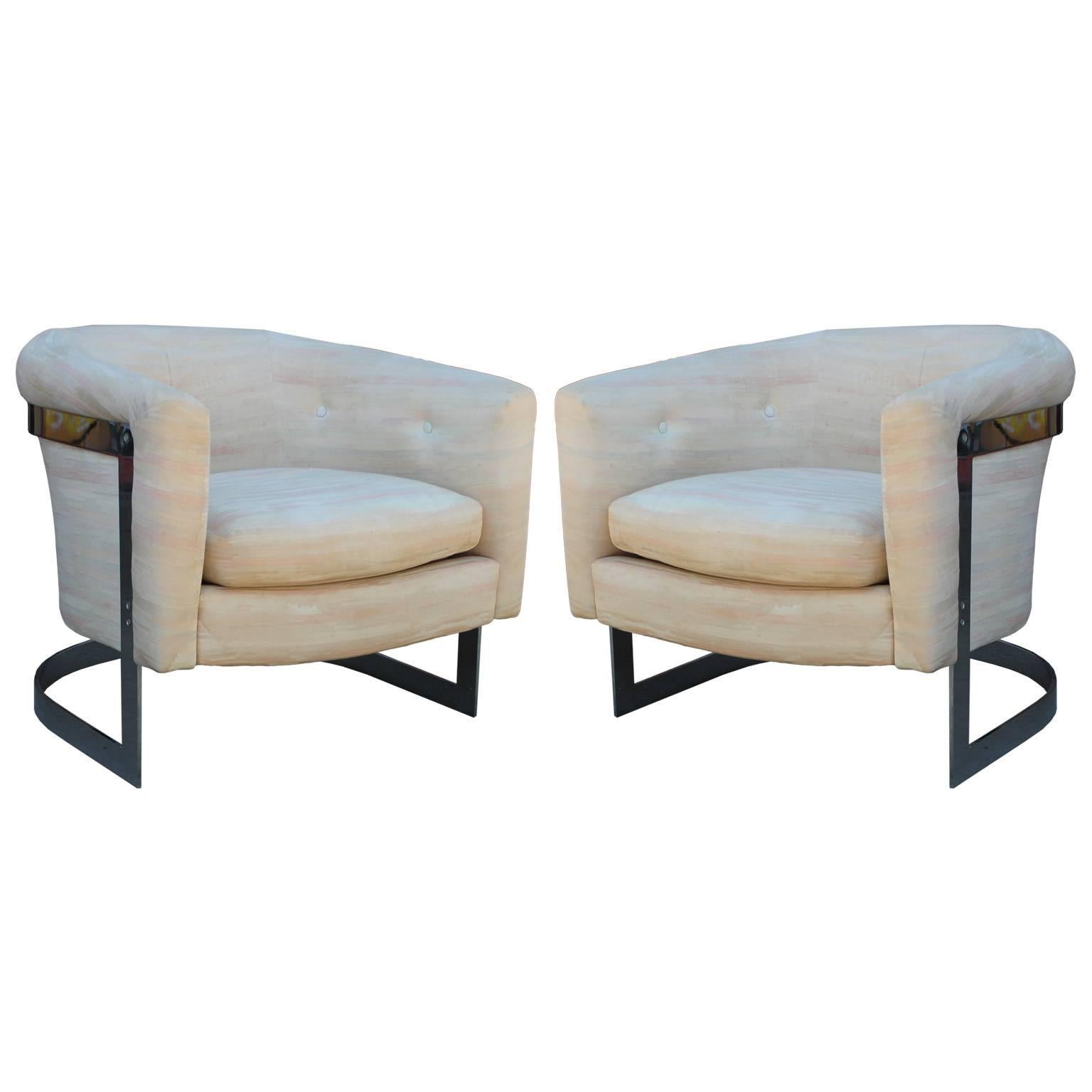  Pair of Modern Milo Baughman Chrome Cantilevered Barrel Lounge Chairs