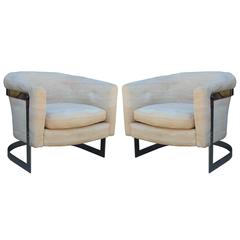 Pair of Modern Milo Baughman Chrome Cantilevered Barrel Lounge Chairs