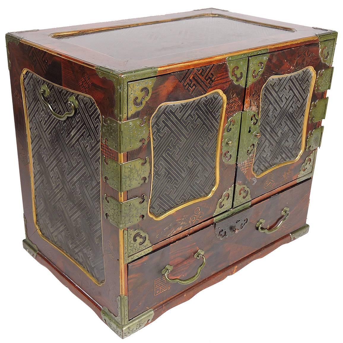 19th Century Chinese Inlaid Rosewood and Brass Bound Jewelry Chest For Sale