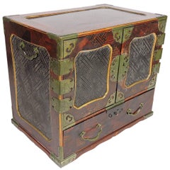 19th Century Chinese Inlaid Rosewood and Brass Bound Jewelry Chest