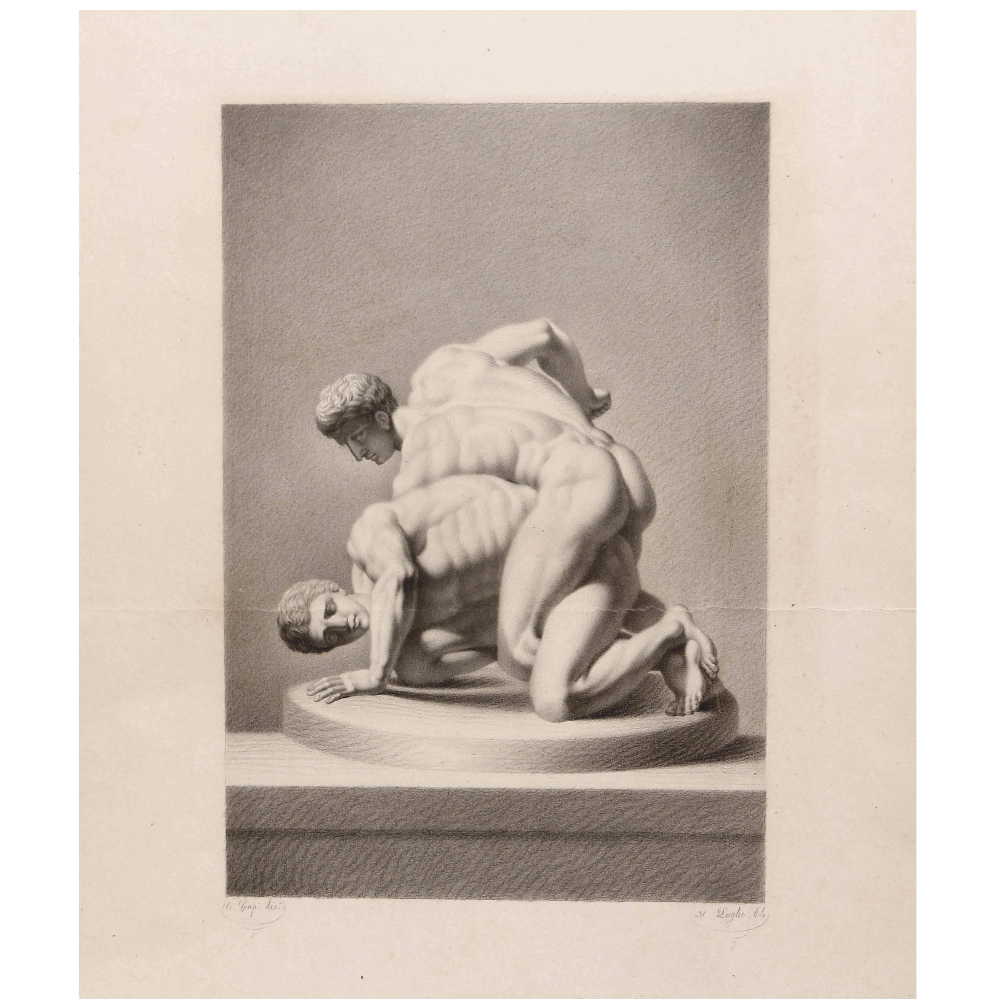 19th Century Classical Male Nude Study "Wrestlers"