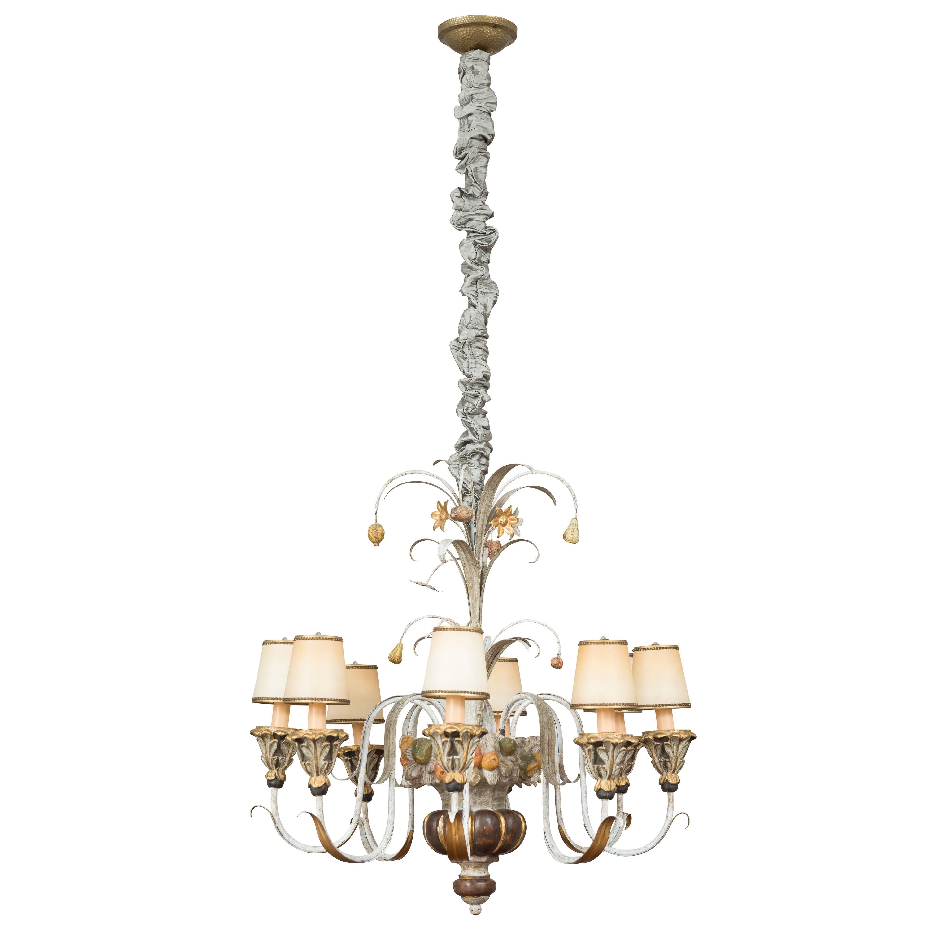 Eight-Light Carved Wood Venetian Chandelier with Metal Detail