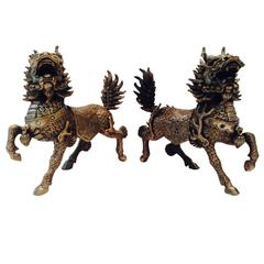 Pair of Antique Bronze Foo Dog Figurine Protectors