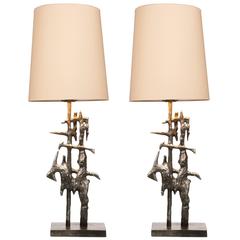 Pair of Sculptural Cast Iron Table Lamps from France