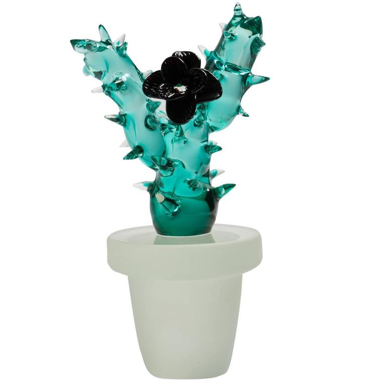 Murano Glass Cactus Vase with Black Rose by Vetreria Morasso For Sale