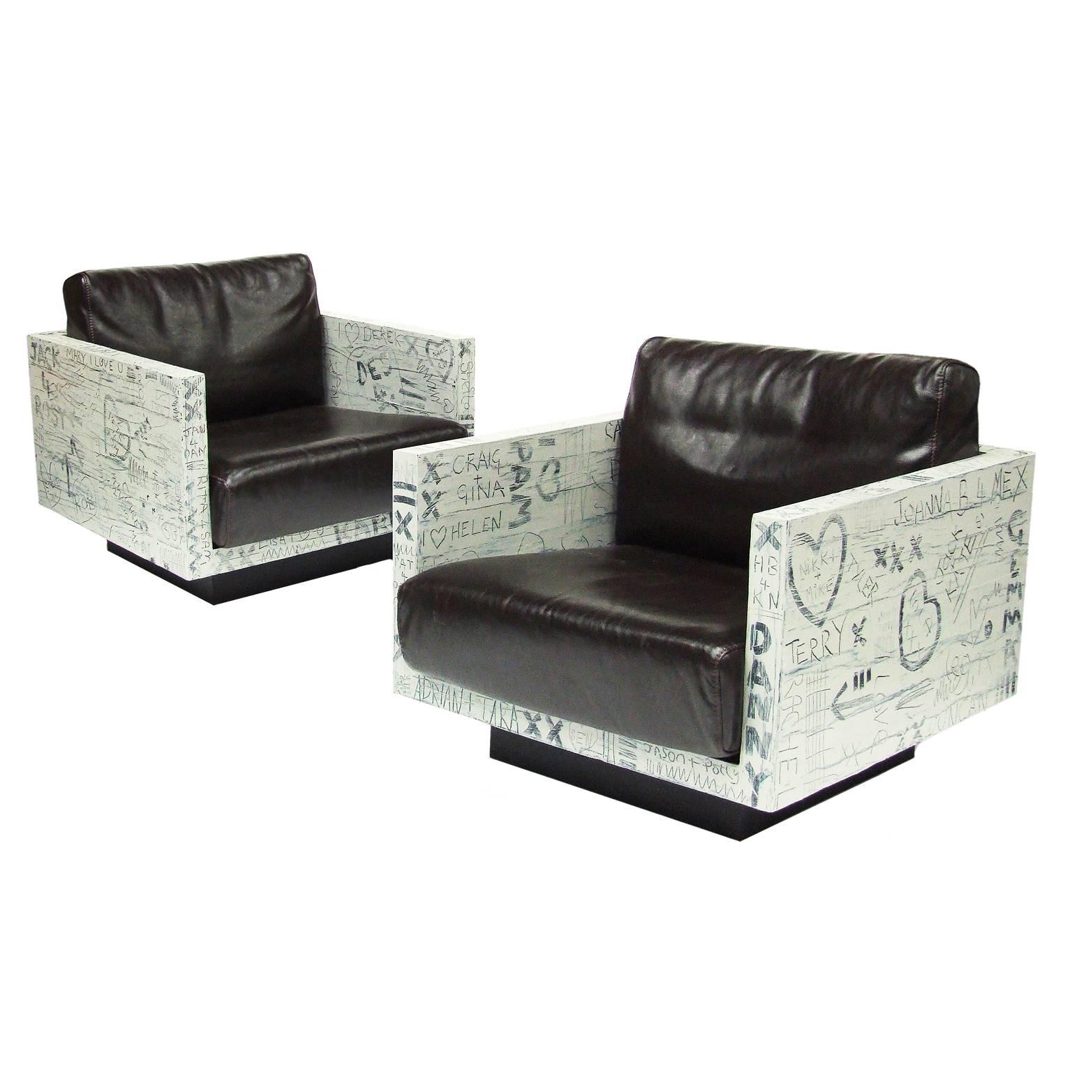Pair of Sweetheart Graffiti Leather Armchairs Bespoke Art Furniture For Sale