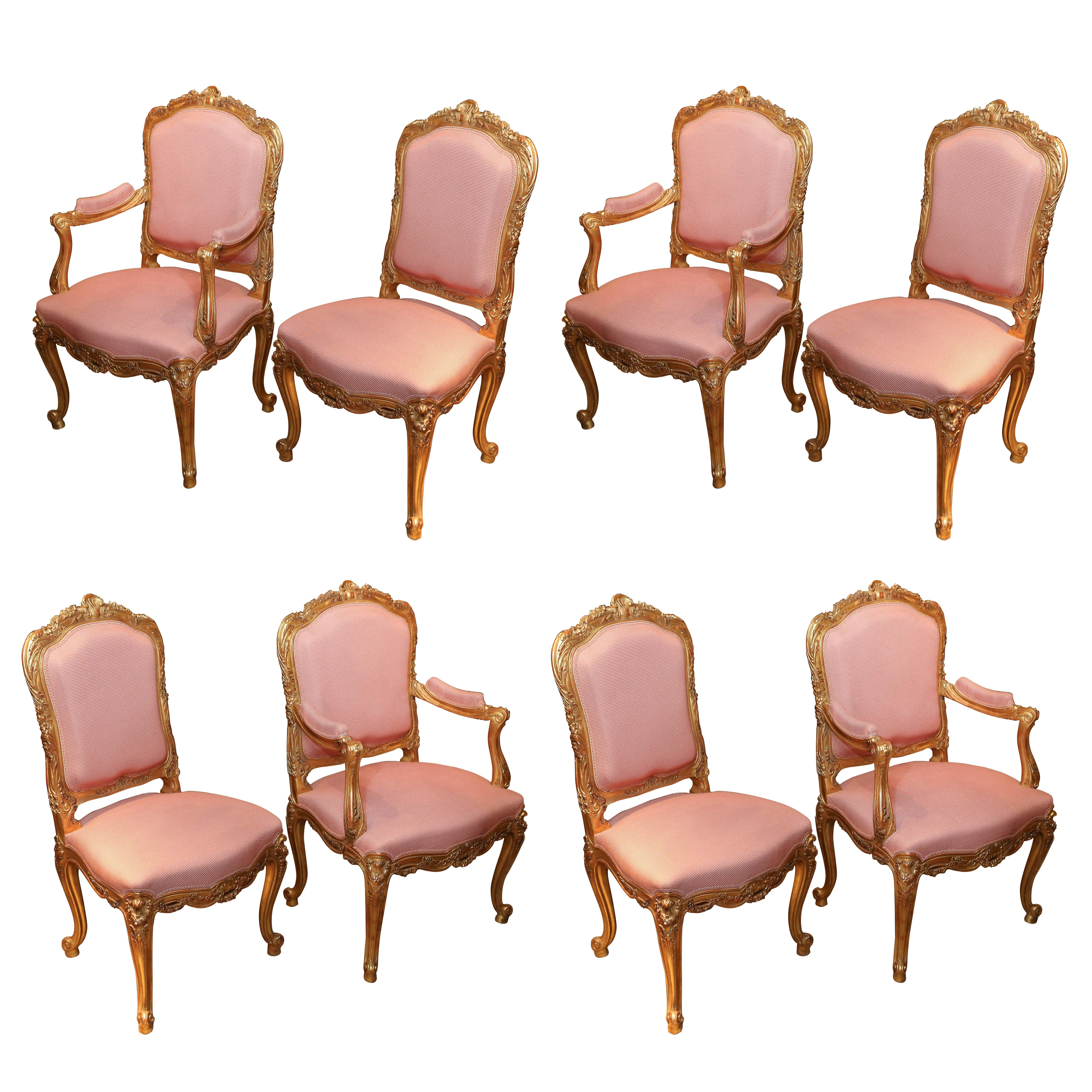 Set of Eight custom  French Louis XV Style Giltwood Dining Chairs, highly carved