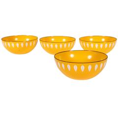 Cathrineholm Norway Set of Four "Lotus" Pattern Enamel Yellow Bowls