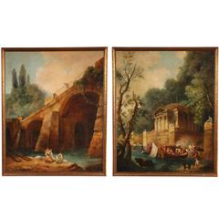 Large Pair of Antique European Classical Style Framed Views