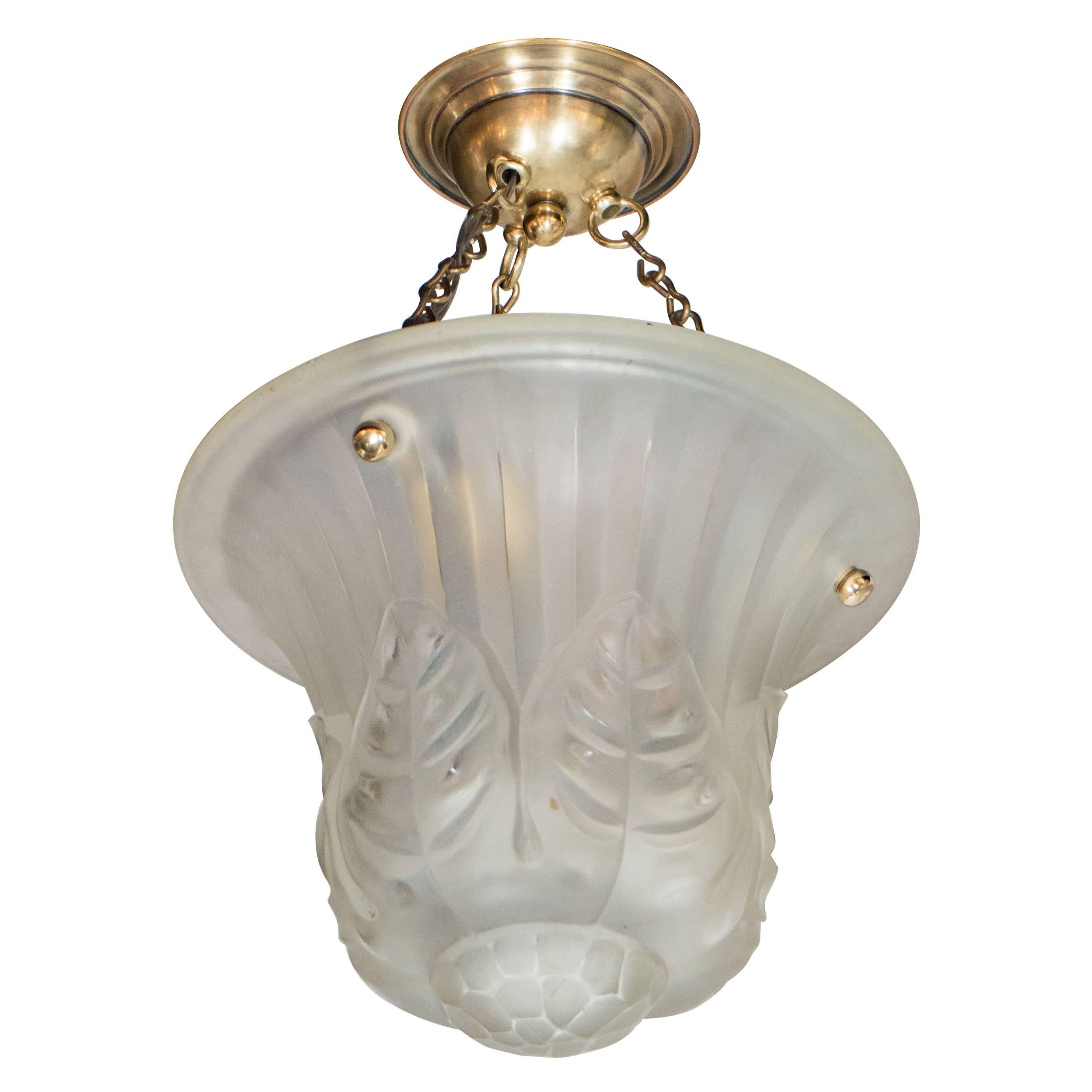 Fine French Art Deco Dome Chandelier in Frosted Glass with Brass Fittings