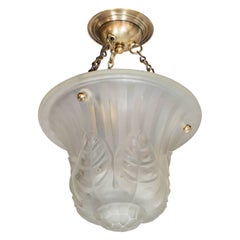 Fine French Art Deco Dome Chandelier in Frosted Glass with Brass Fittings