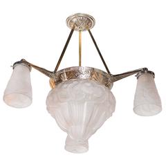 Three-Arm French Art Deco Chandelier with Frosted Glass Foliate Detailed Shades