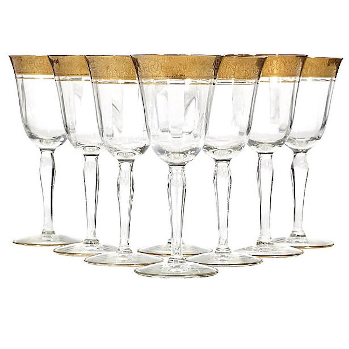 Gilded Floral Wine Stems, Set of Eight