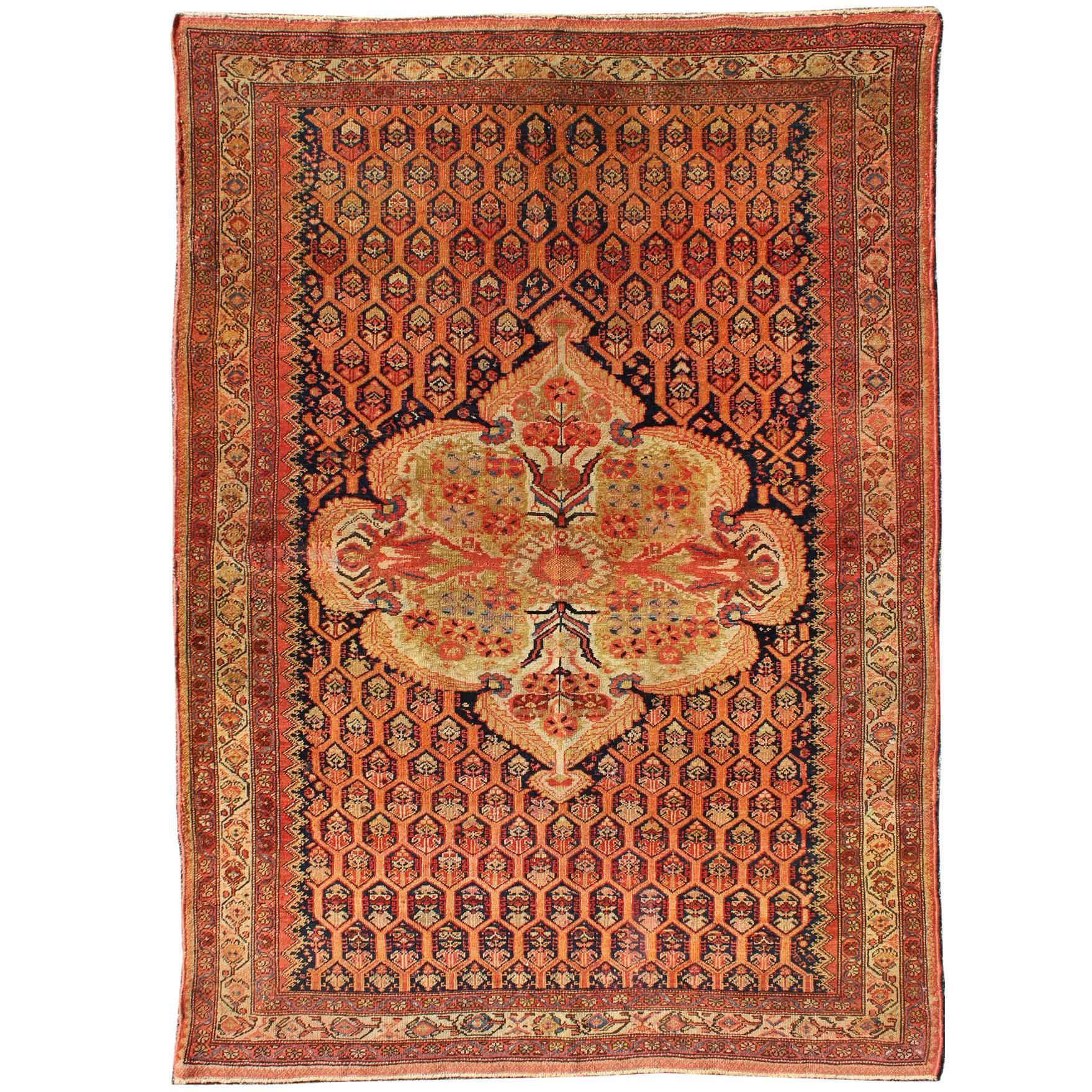 Antique Mission Malayer Rug with Floral Medallion in Blue, Orange & Green For Sale