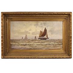 Early 20th Century Oil on Canvas Seascape Painting "View with Boats"