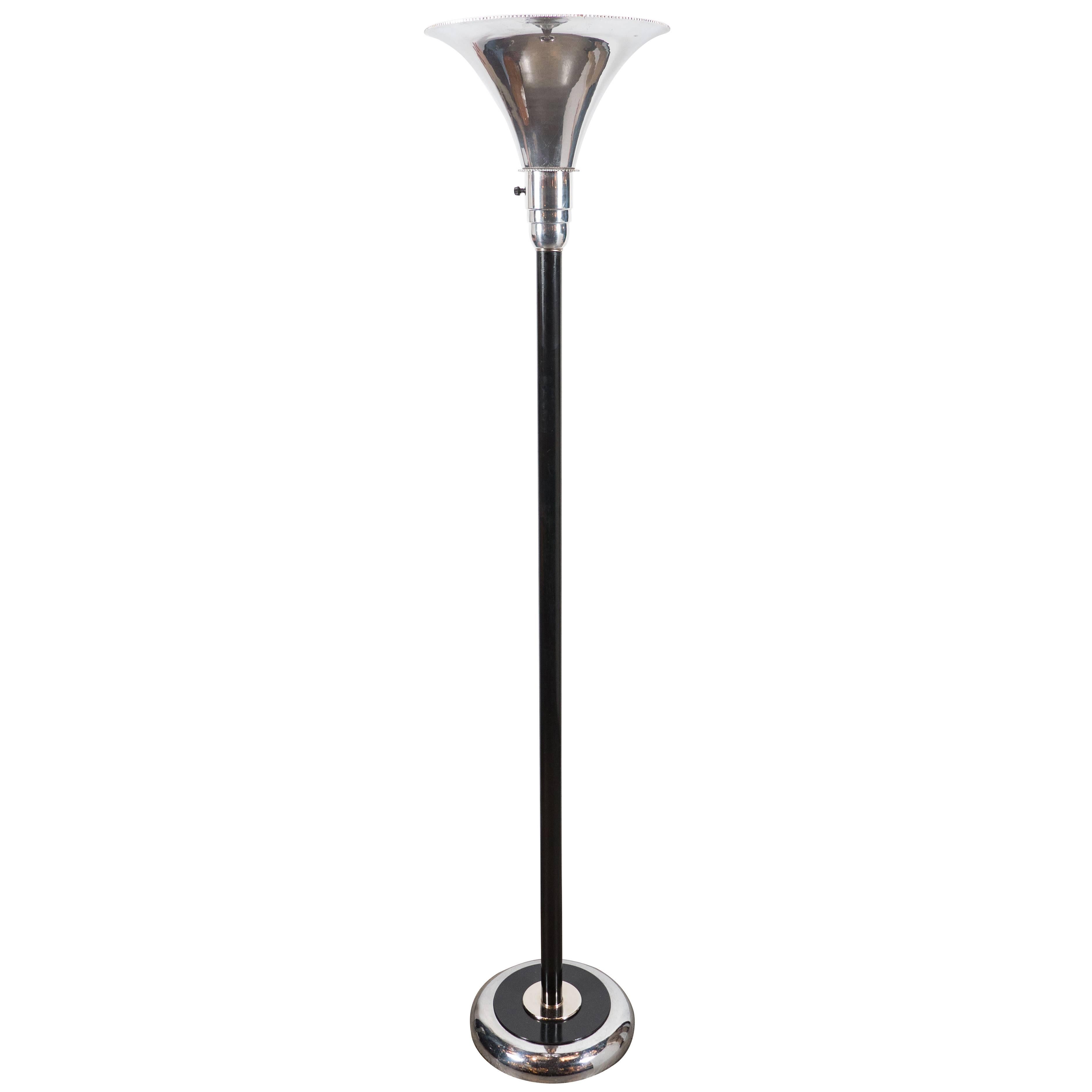 Art Deco Machine Age Torchiere in Polished Aluminum and Black Enamel