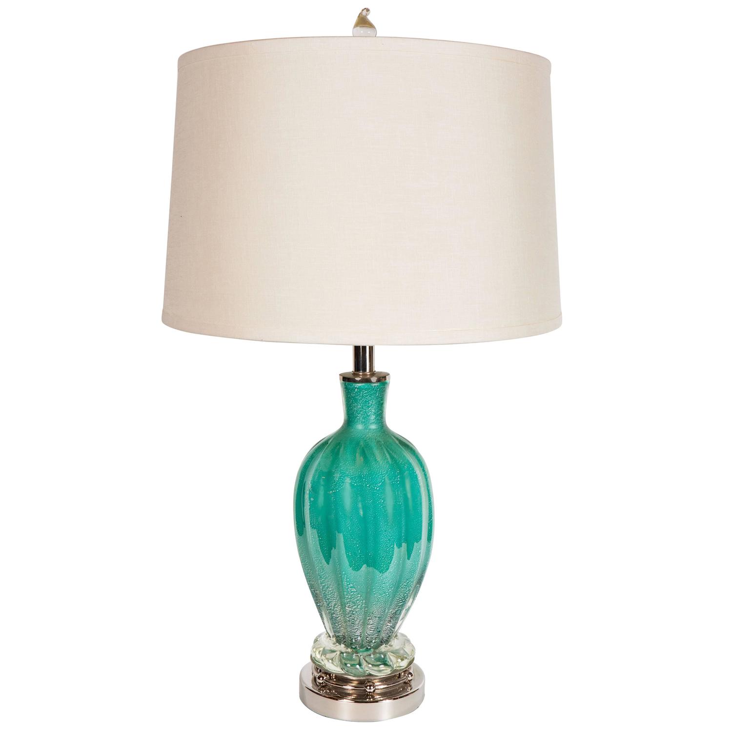 Mid Century Modernist Turquoise Murano Glass Table Lamp With Nickel