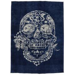 Distressed Overdyed Vintage Skull Rug with Unconventional Design