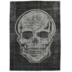 Distressed Overdyed Vintage Persian Tabriz with Modern Industrial Skull Design
