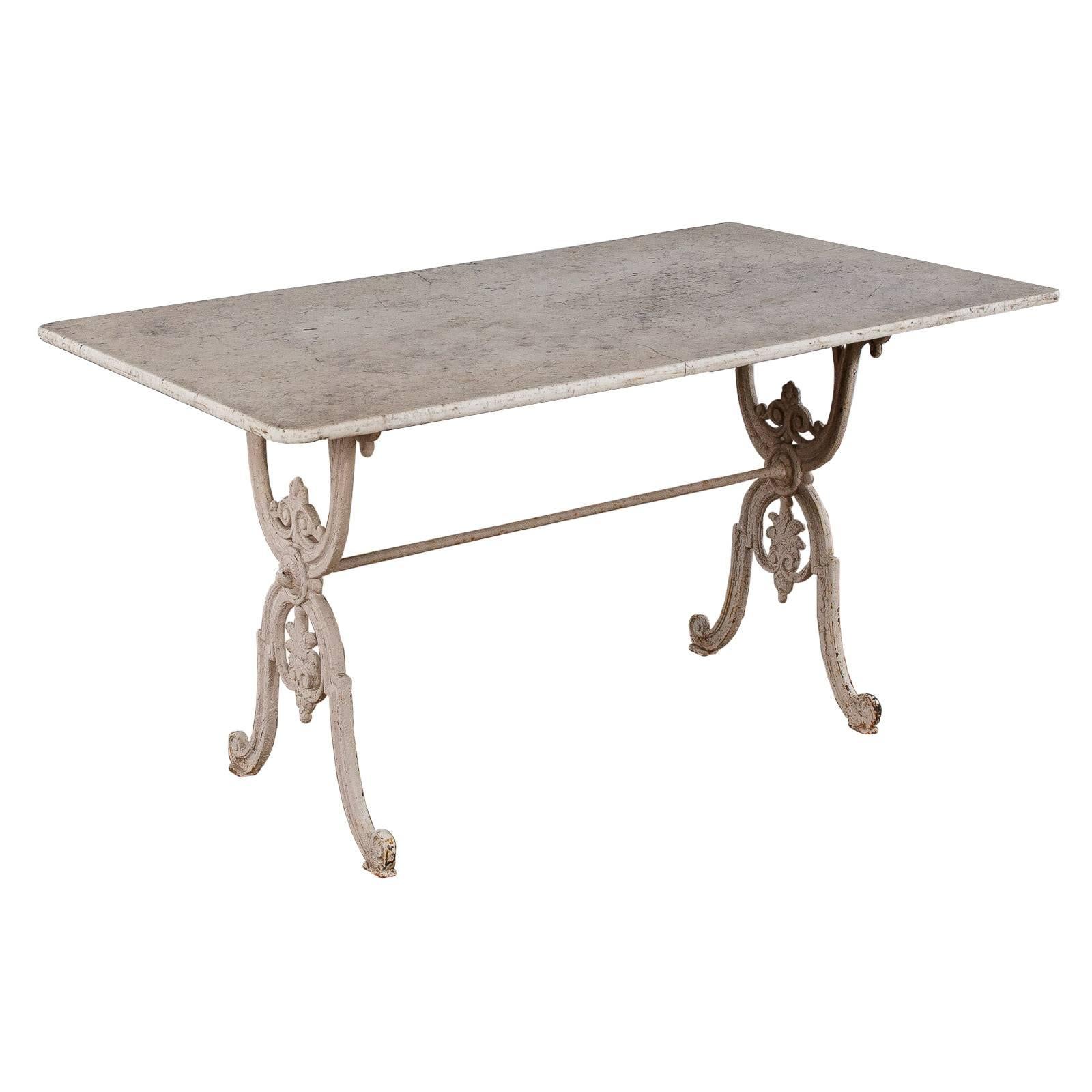 French Painted Iron Table with Marble Top, 1900s