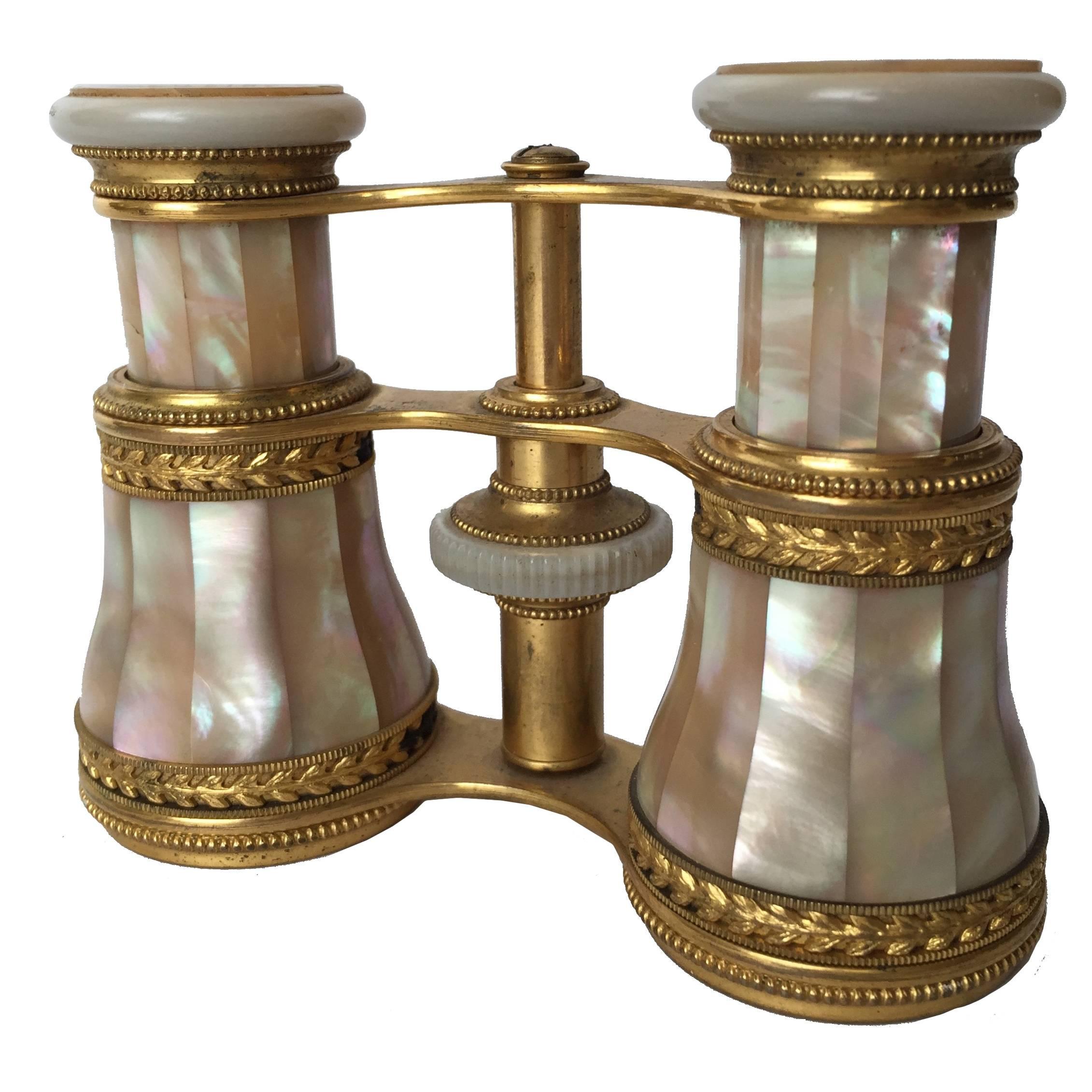 Antique French, Mother-of-Pearl and Gilt Brass Opera Glasses, circa 1900, Paris For Sale