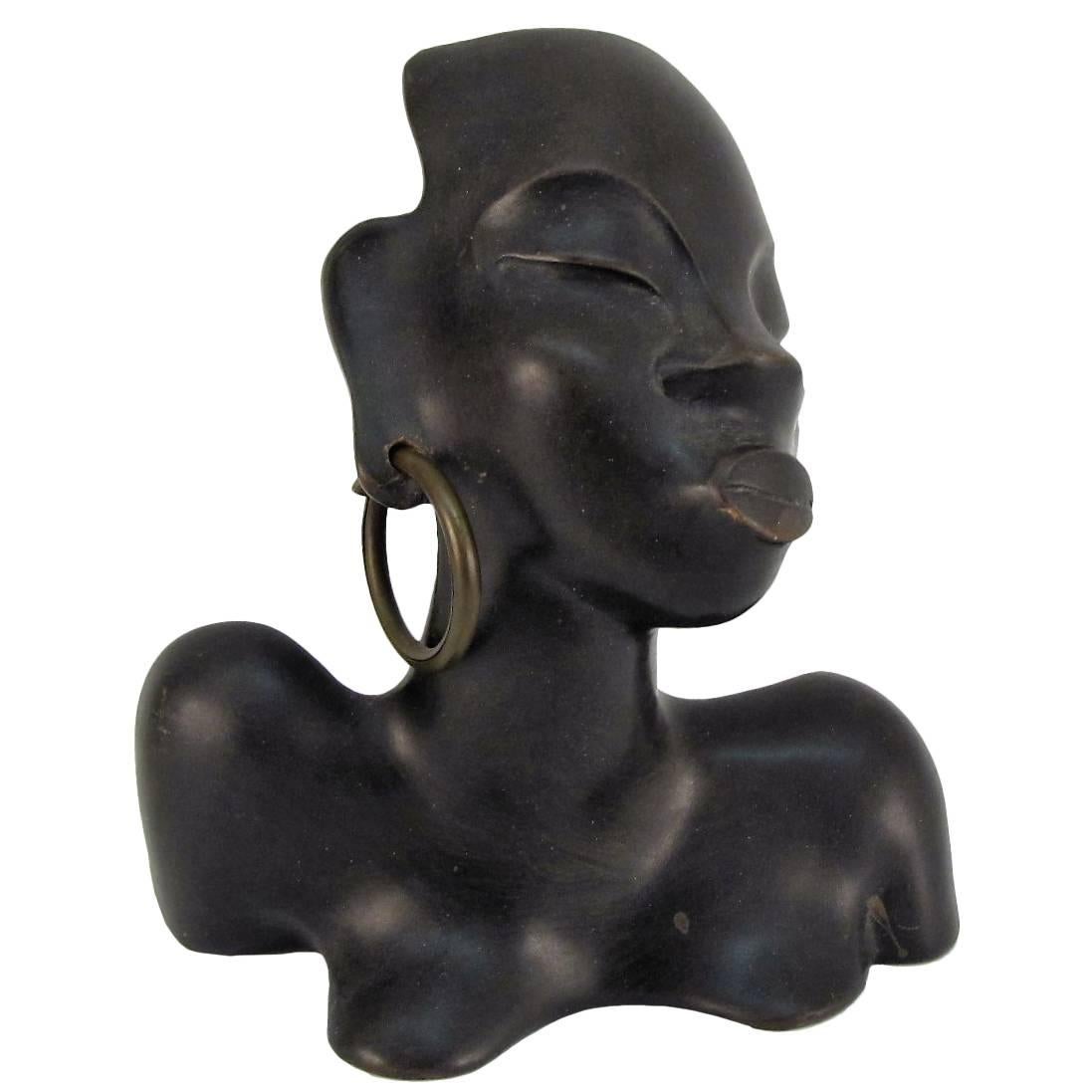 Ceramic Bust of Exotic African Woman by Leopold Anzengruber For Sale