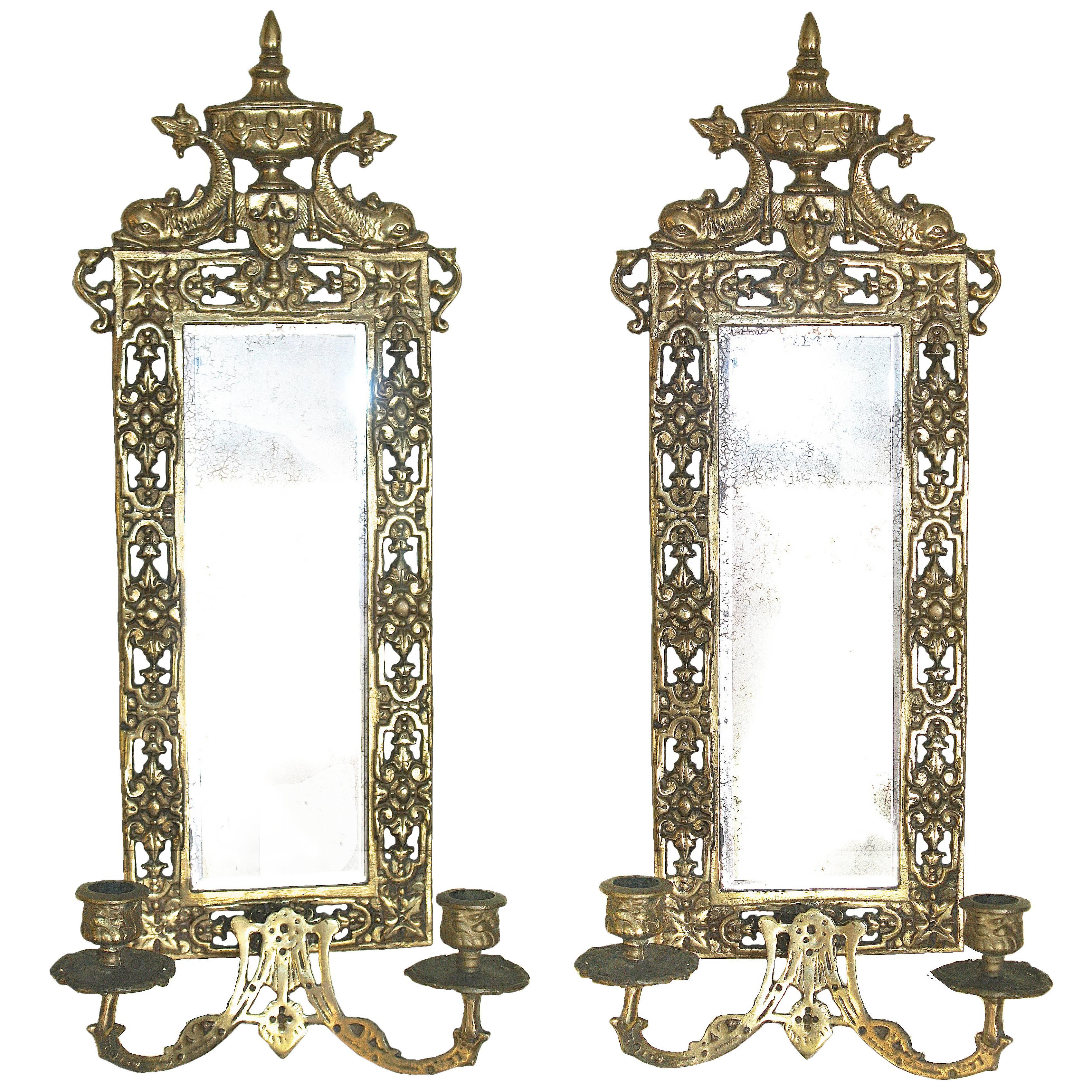 PAIR Neoclassical Brass Mirrored Candle Sconces For Sale