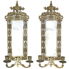 Antique PAIR Neoclassical Brass Mirrored Candle Sconces