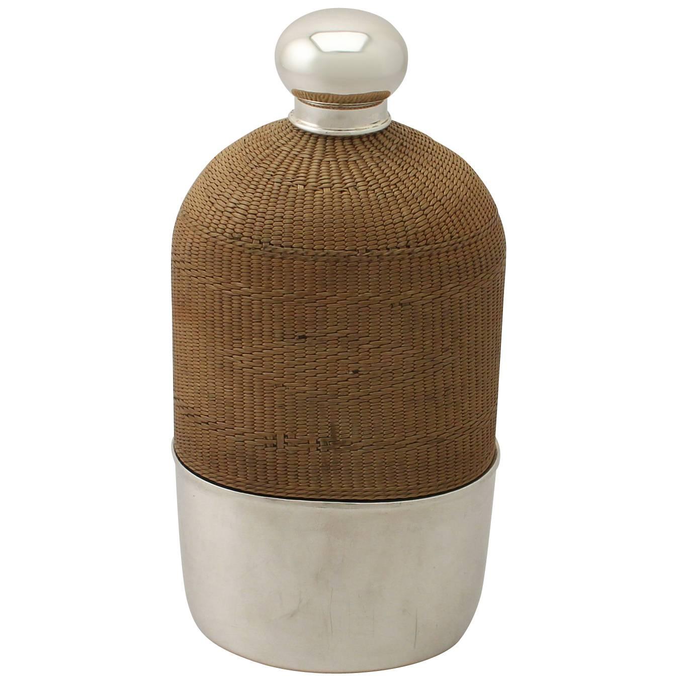 Newcastle Sterling Silver, Glass and Wicker Hip Flask by Isaac Cookson - Antique