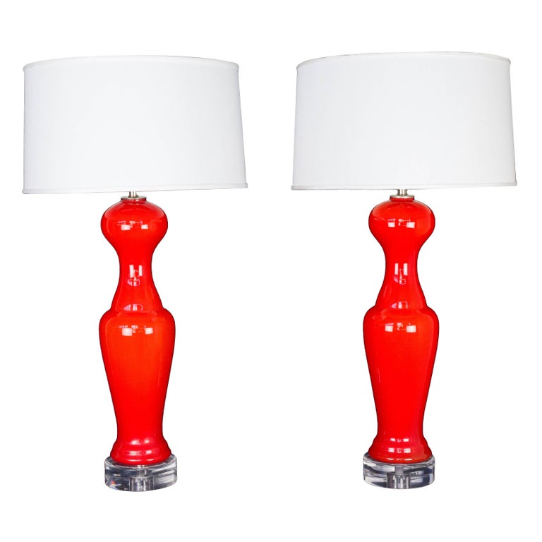 Pair of Murano Tangerine Colored Opaline Glass Lamps For Sale at 1stDibs